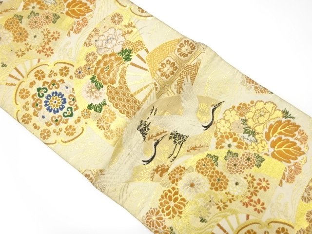 JAPANESE KIMONO / ANTIQUE MARU OBI / WOVEN FAN WITH CRANE & FLOWER